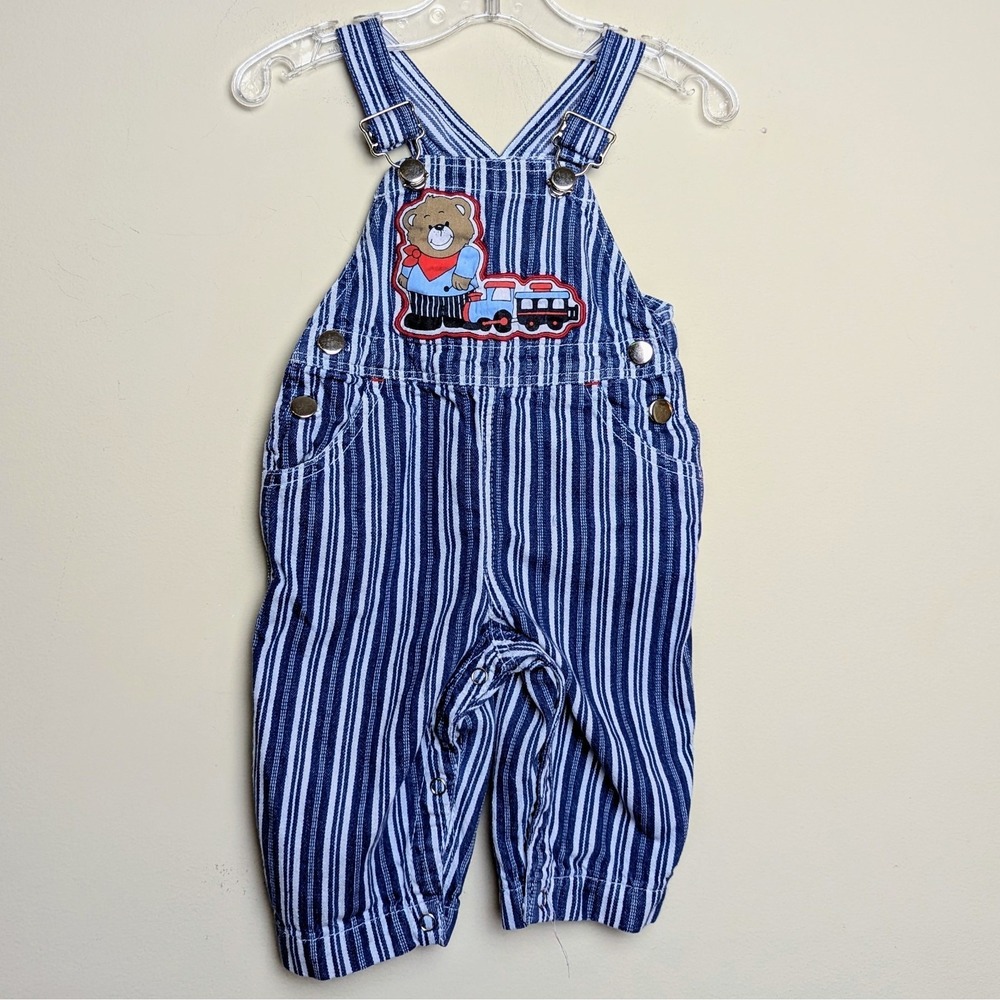 Vintage 80s Bear Trains‎ Striped Denim Bib Overalls Snap Legs 6-9 Months